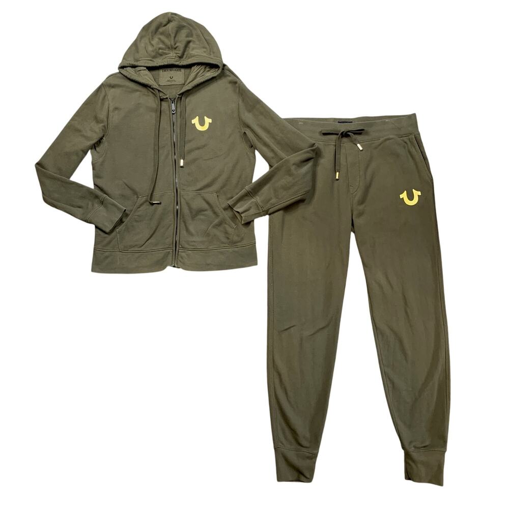 True Religion Sweatsuit Mens Large Avocado Cuff Sweatpant Jogger Metallic Hoodie